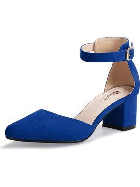 Women's Royal Blue Low Block Heels Pumps Chunky Closed Toe Ankle Strap Shoes